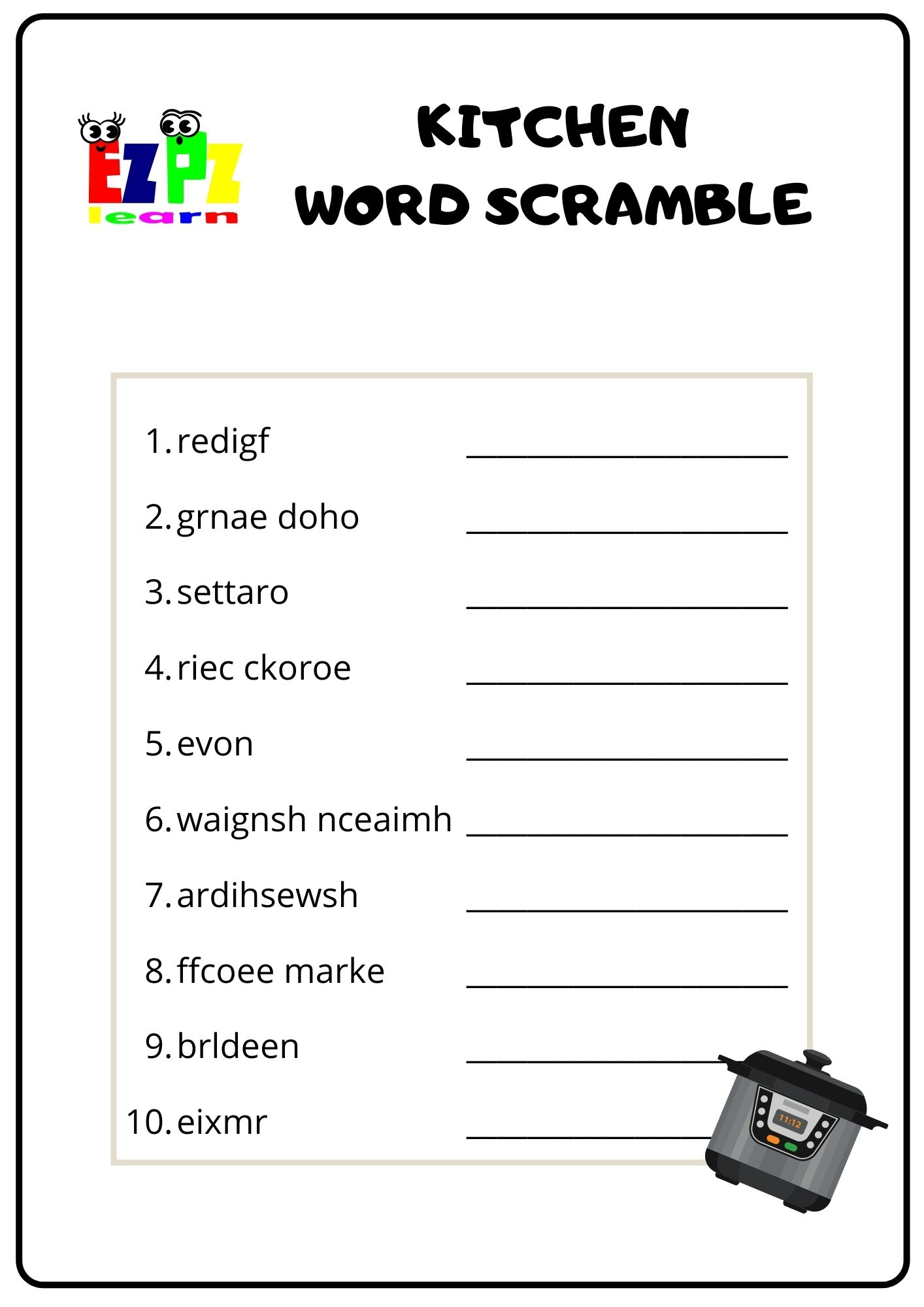 Kitchen Word Scramble